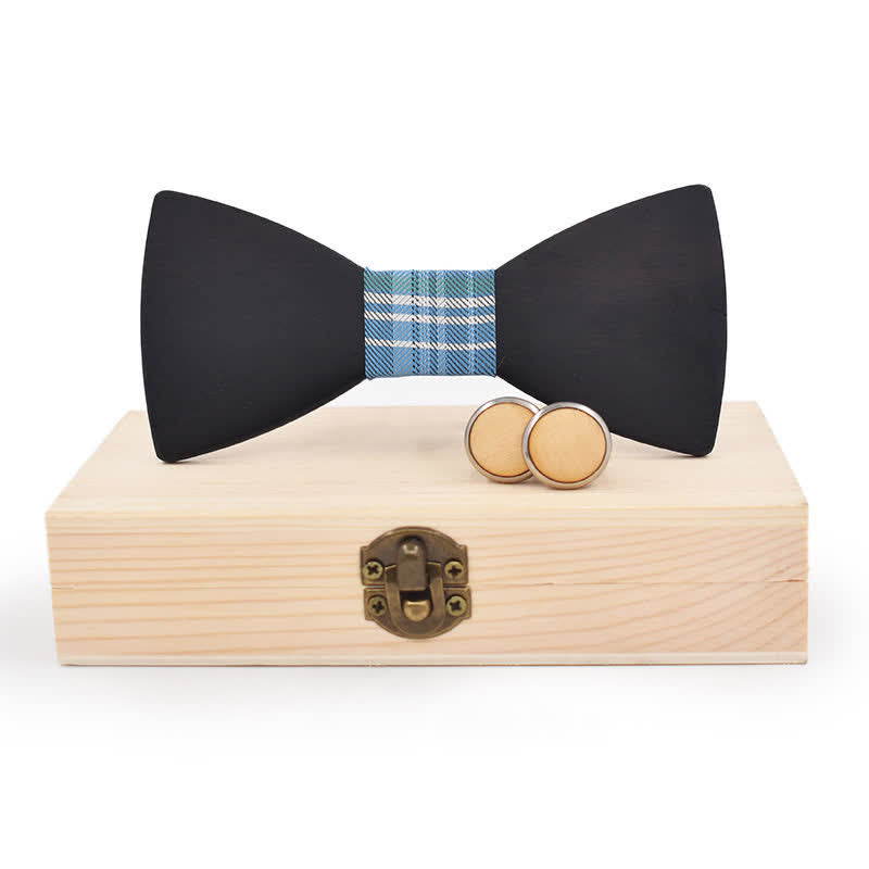 2Pcs Men's Black Wooden Bow Tie Cufflinks Set