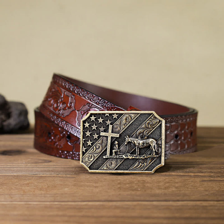 Men's DIY American Flag Cross Prayer Horse Buckle Leather Belt