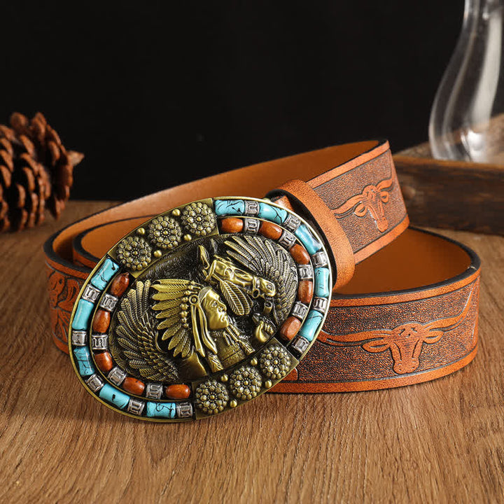 Men's Boho Indian Art Turquoise Leather Belt