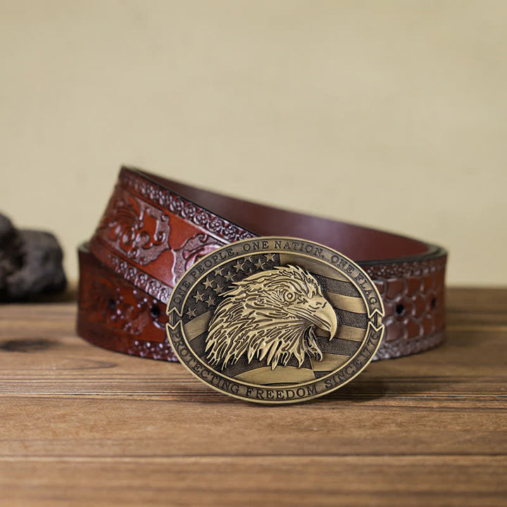 Men's DIY Patriotic Bald Eagle USA Flag Buckle Leather Belt