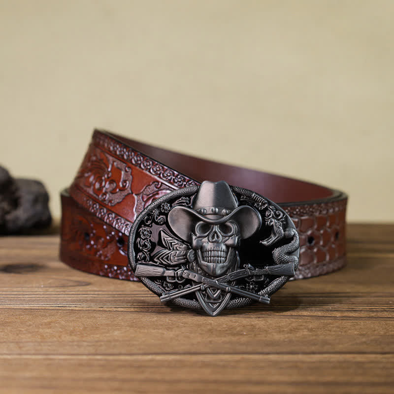 Men's DIY Skull With Cross Guns Buckle Leather Belt