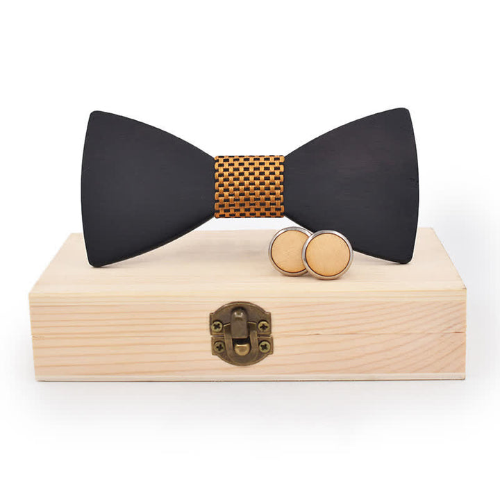 2Pcs Men's Black Wooden Bow Tie Cufflinks Set