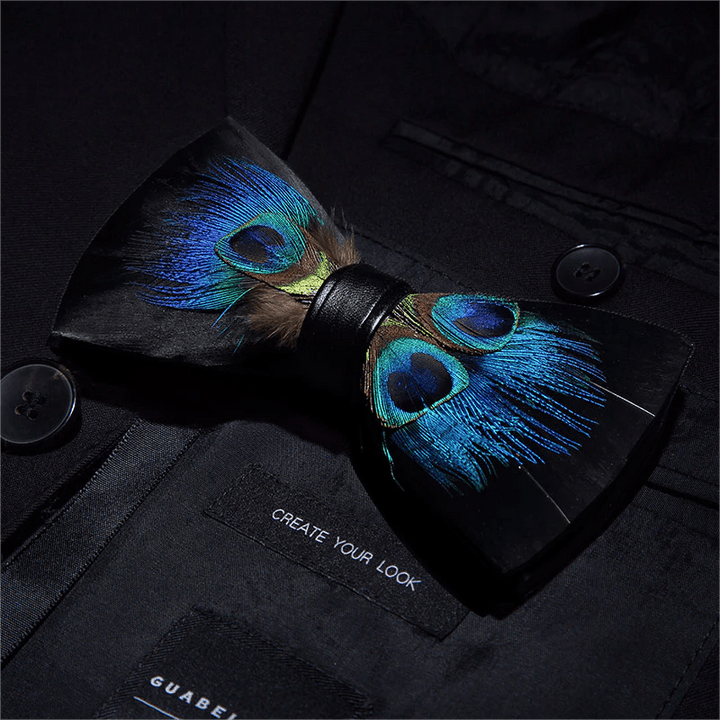 Black & Blue Peacock Eye Feather Bow Tie with Lapel Pin