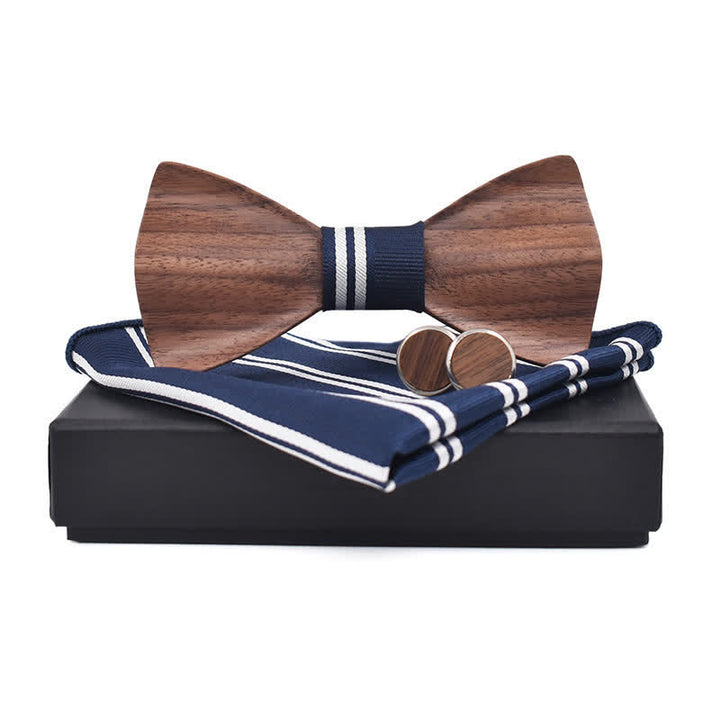 3Pcs Men's Black Walnut Wooden Bow Tie Set