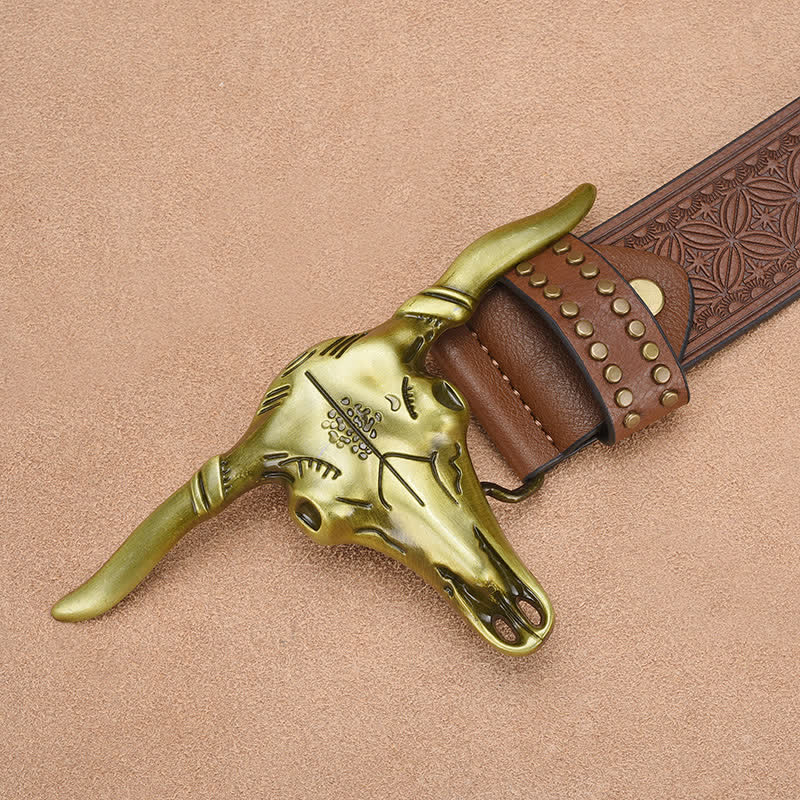 Men's Western Cattle Head Rivet Embossed Leather Belt