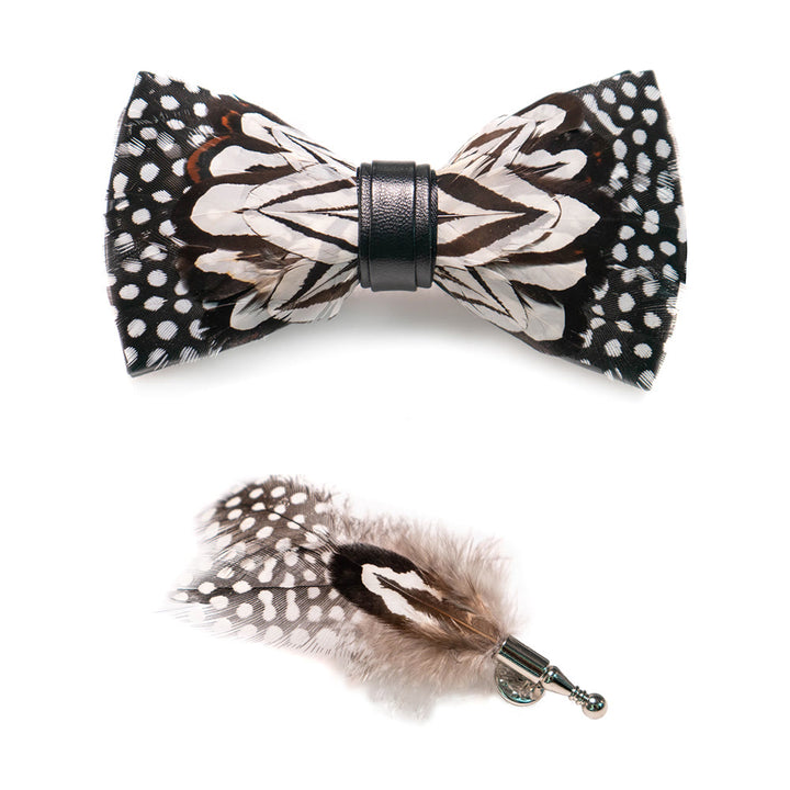 Black & White Owl Feather Bow Tie with Lapel Pin