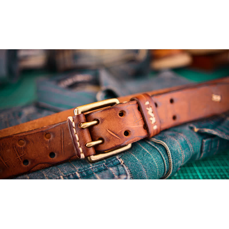Men's Wide Double Pin Buckle Leather Belt - image 5