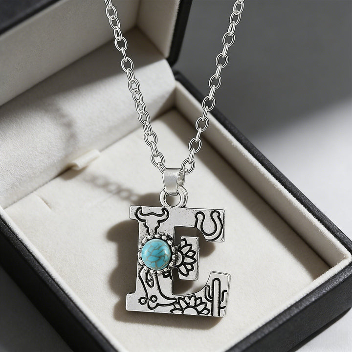 Vintage Initial Letter Turquoise Charm Necklace - E - image 11