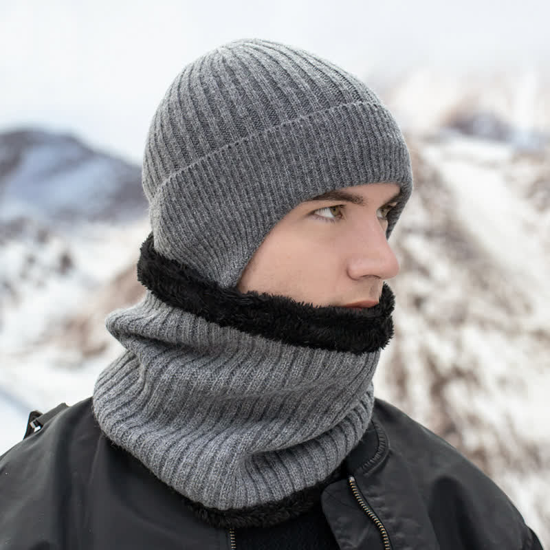 2Pcs Men's Ear Protection Knitted Hat With Scarf Set