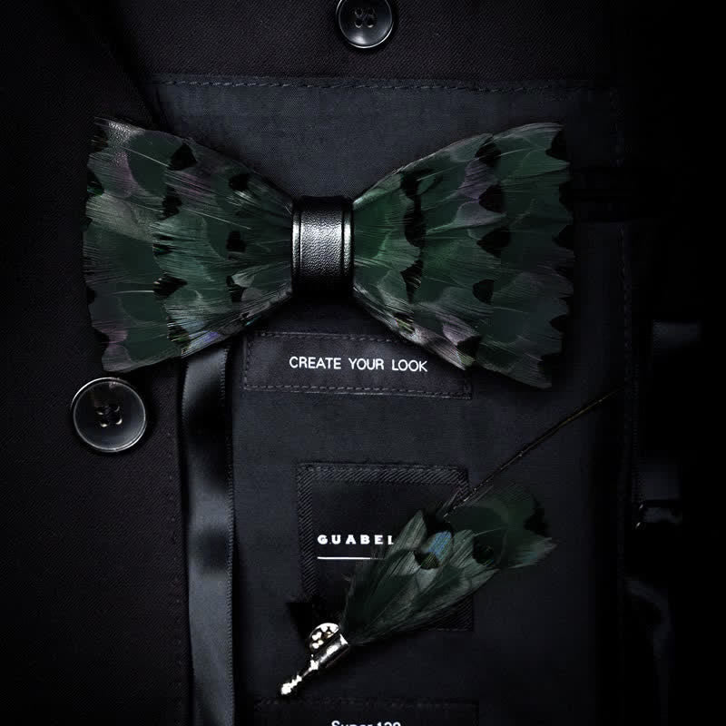 Dark Green Finch Tail Feather Bow Tie with Lapel Pin - Dark Green - image 0