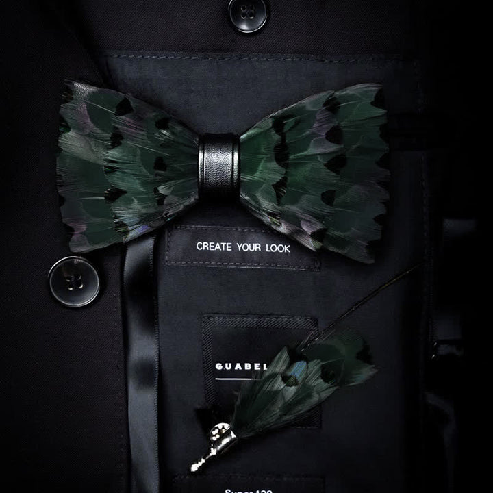 Dark Green Finch Tail Feather Bow Tie with Lapel Pin - Dark Green - image 0