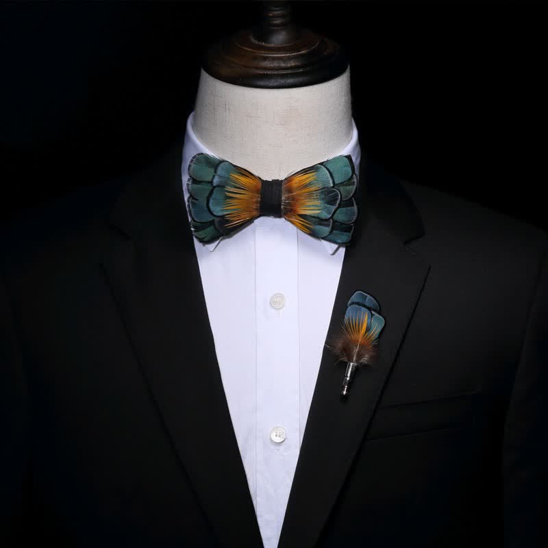 Green & Orange Sunflower Feather Bow Tie with Lapel Pin - image 2