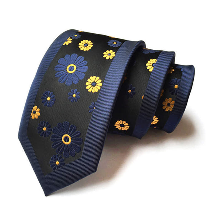 Men's Simple Daisy Floral Narrow Necktie - Navy & Yellow - image 0