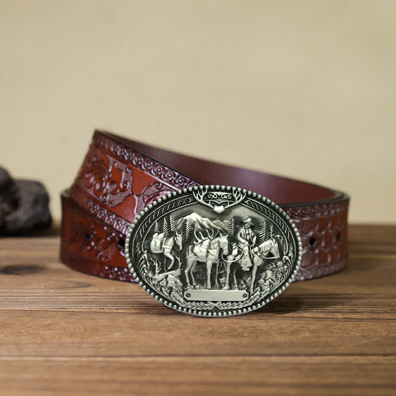 Men's DIY Cowboy Knight Leading Horse Buckle Leather Belt