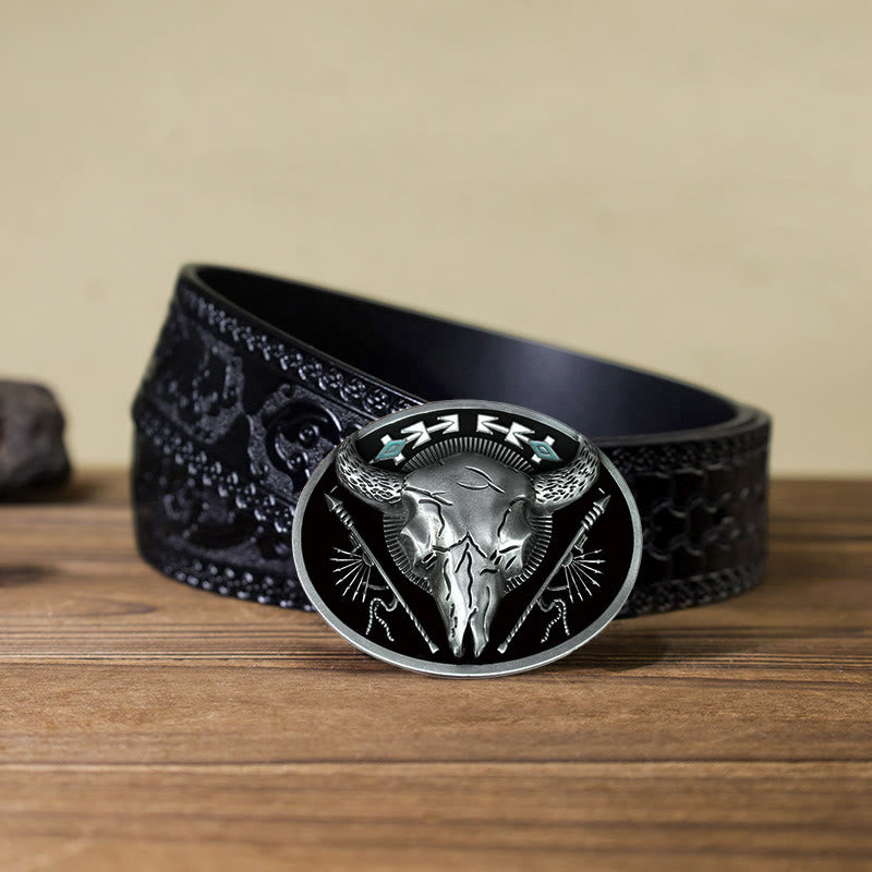 Men's DIY Indian Theme Bull Skull Buckle Leather Belt