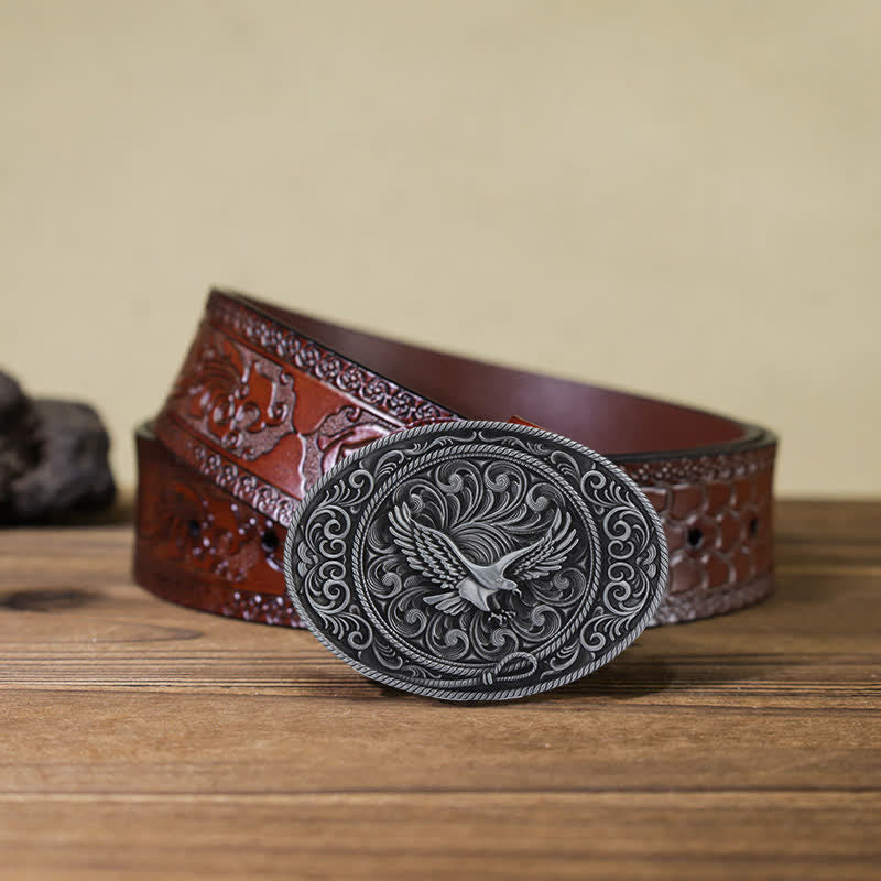 Men's DIY Soaring Eagle Engraved Floral Buckle Leather Belt