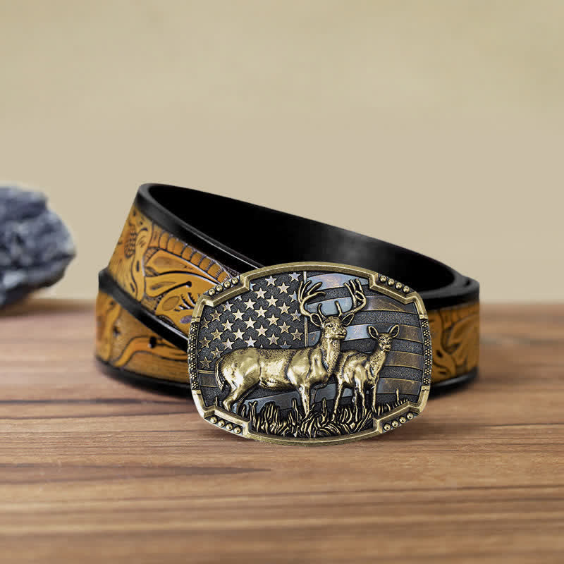 Men's DIY Deer Hunter American Flag Buckle Leather Belt