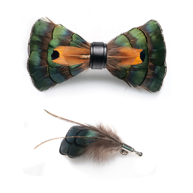 Emerald Green & Gold Feather Bow Tie with Lapel Pin