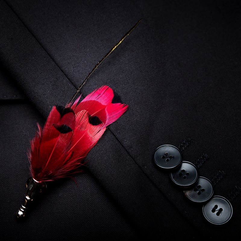 Red Finch Tail Feather Bow Tie with Lapel Pin