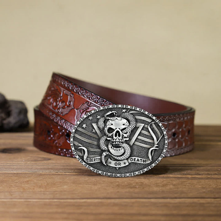 Men's DIY "Liberty or Death" Snake Skull Buckle Leather Belt