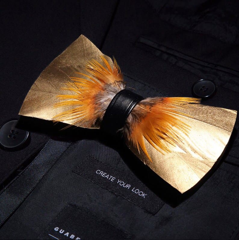 Gold & Tobacco Feather Bow Tie with Lapel Pin