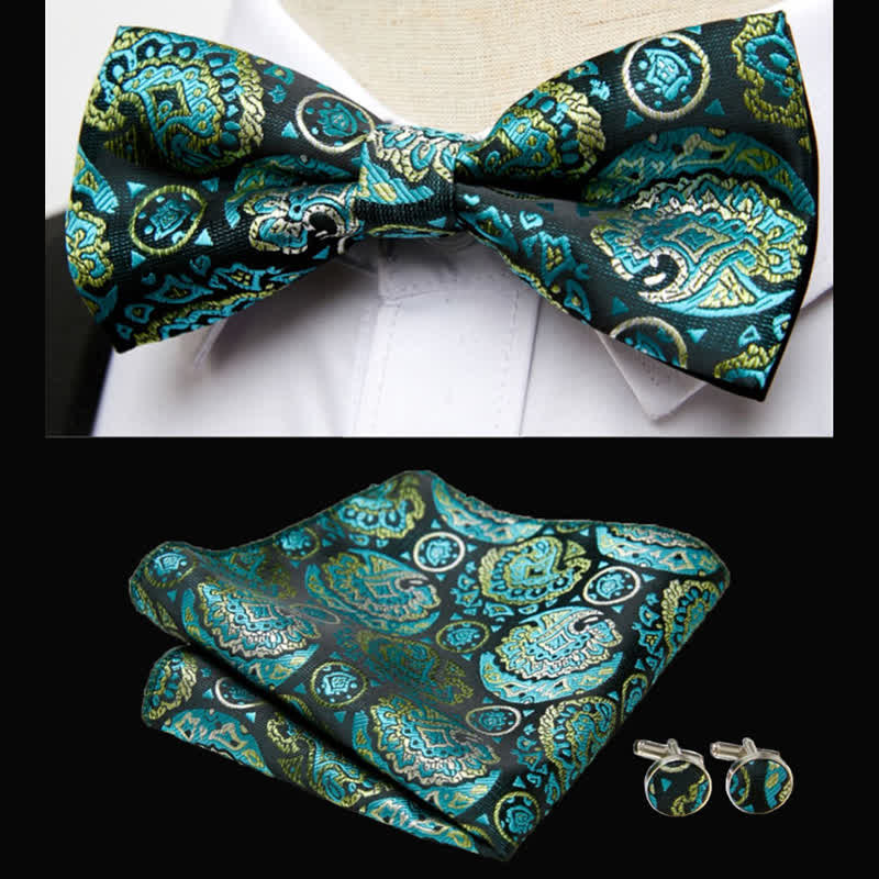 3Pcs Men's Emerald Paisley Bow Tie Pocket Square Set - Emerald - image 0