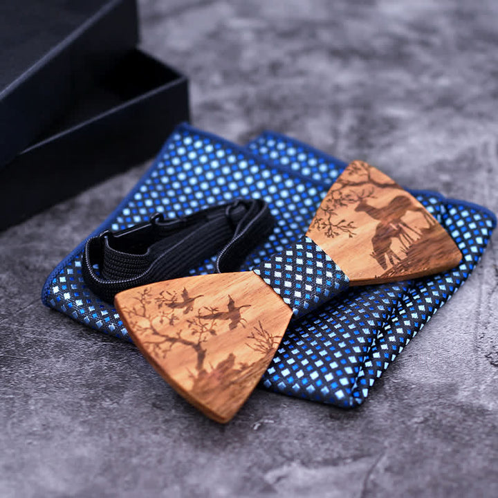 3Pcs Men's Fancy Christmas Elk Wooden Bow Tie Set