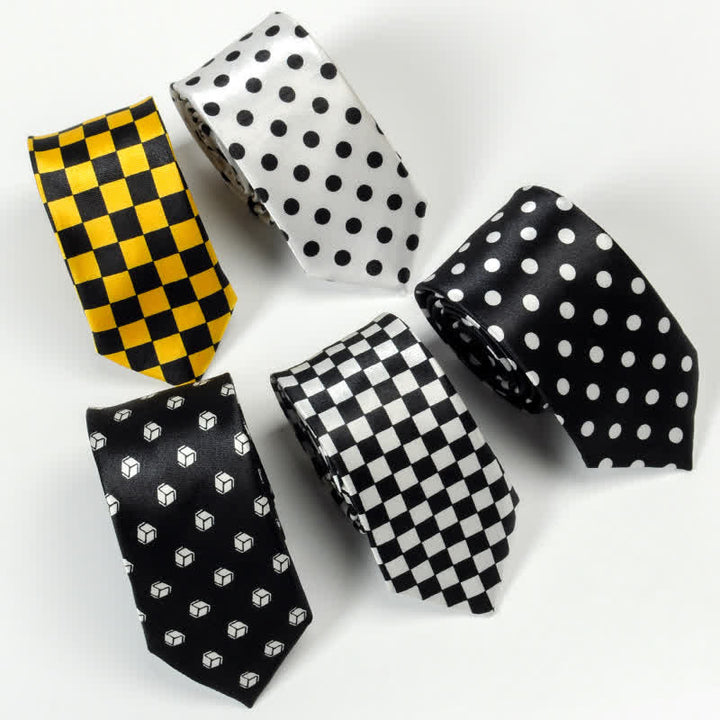 Men's Black & White Little Checks Dots Striped Necktie