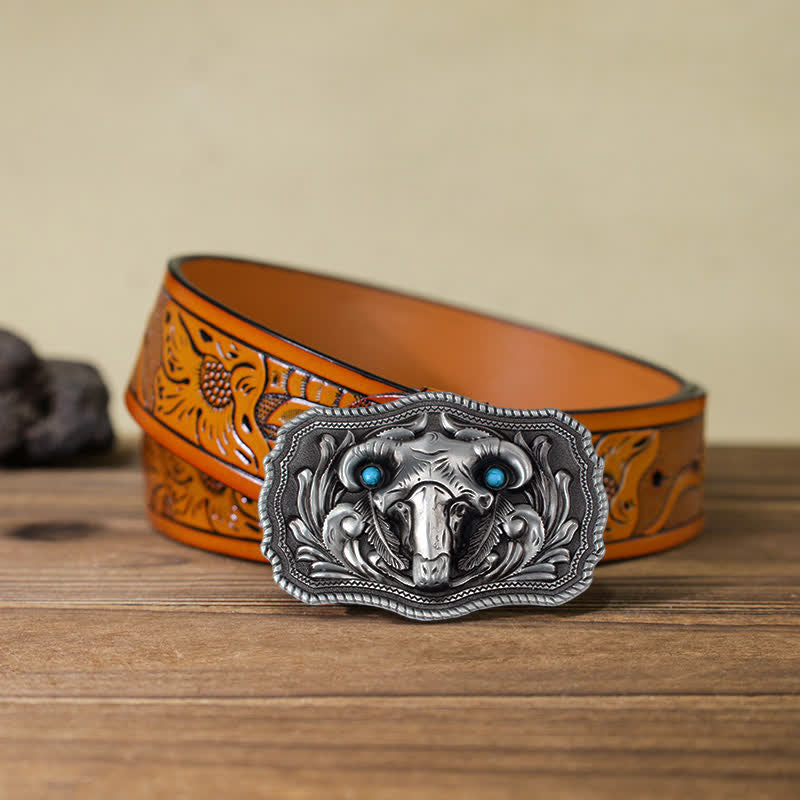 Men's DIY Goat Skull Turquoise Buckle Leather Belt