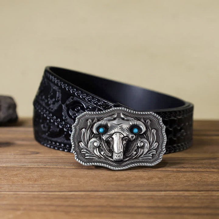 Men's DIY Goat Skull Turquoise Buckle Leather Belt