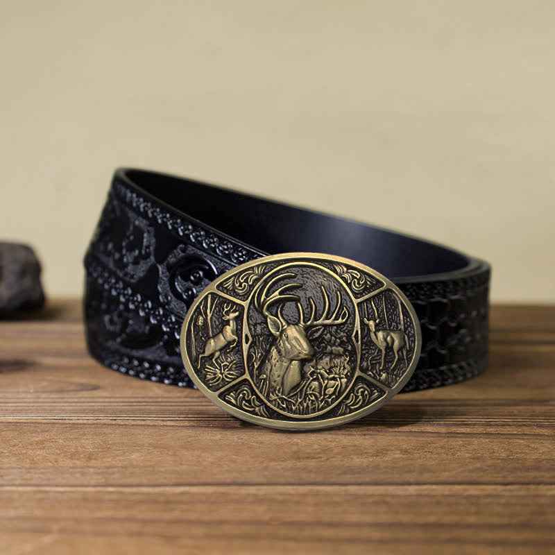 Men's DIY Animal Elk Deer Buckle Leather Belt