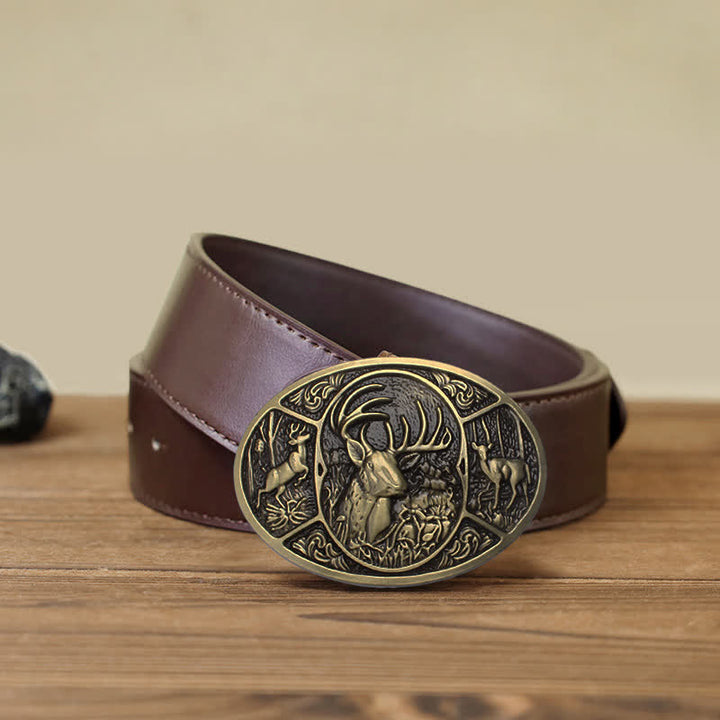 Men's DIY Animal Elk Deer Buckle Leather Belt