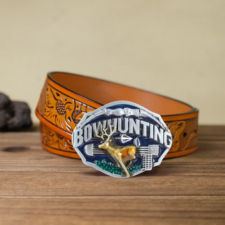 Men's DIY Bowhunting Deer Enamel Buckle Leather Belt