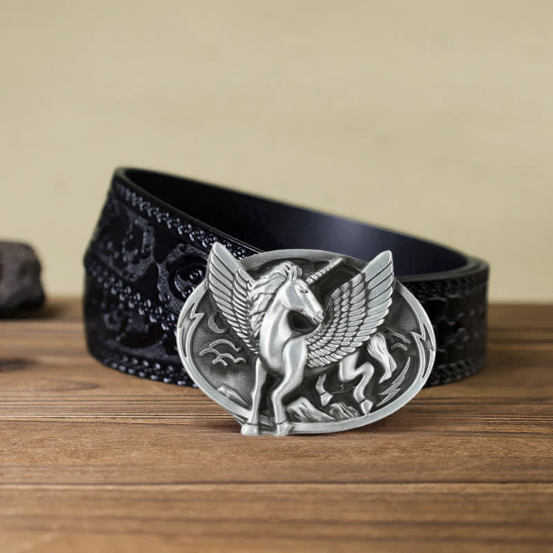 Men's DIY Antique Silver Unicorn Buckle Leather Belt