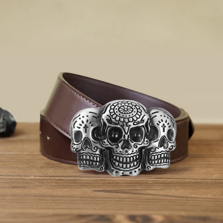 Men's DIY Triple Skull Head Buckle Leather Belt