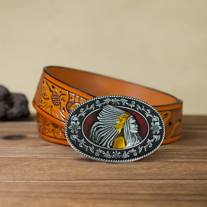 Men's DIY Indian Chief Tribal Buckle Leather Belt