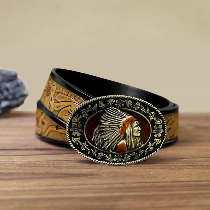 Men's DIY Indian Chief Tribal Buckle Leather Belt