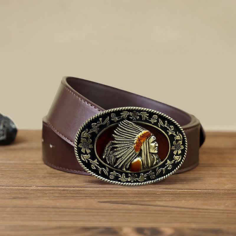 Men's DIY Indian Chief Tribal Buckle Leather Belt