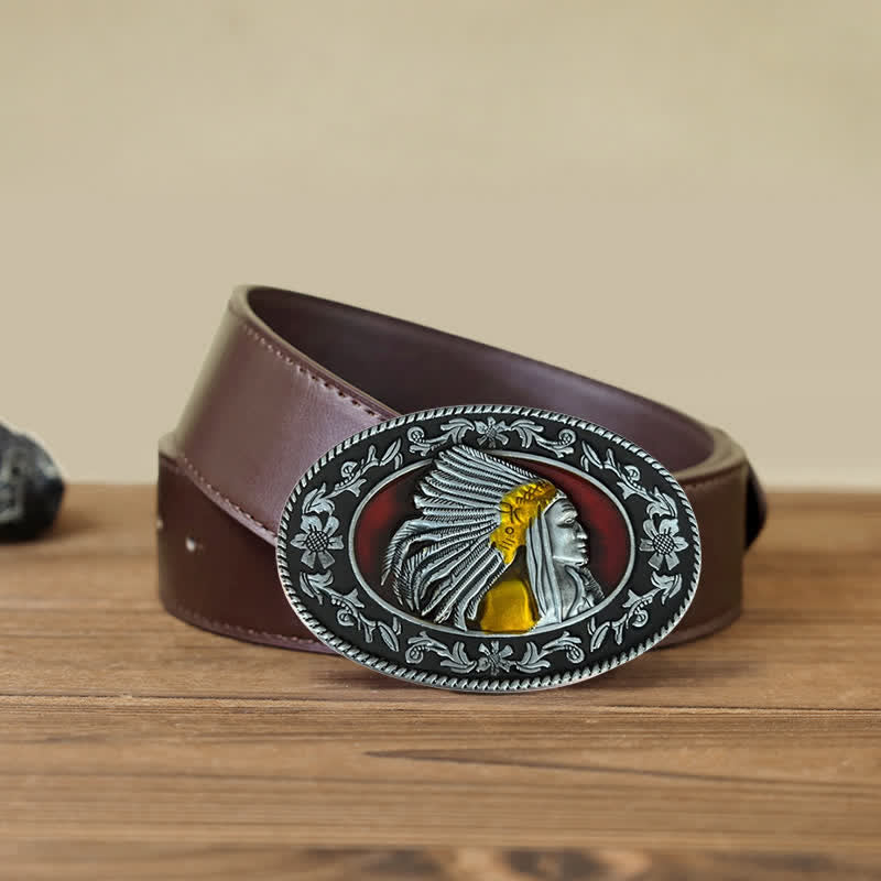 Men's DIY Indian Chief Tribal Buckle Leather Belt