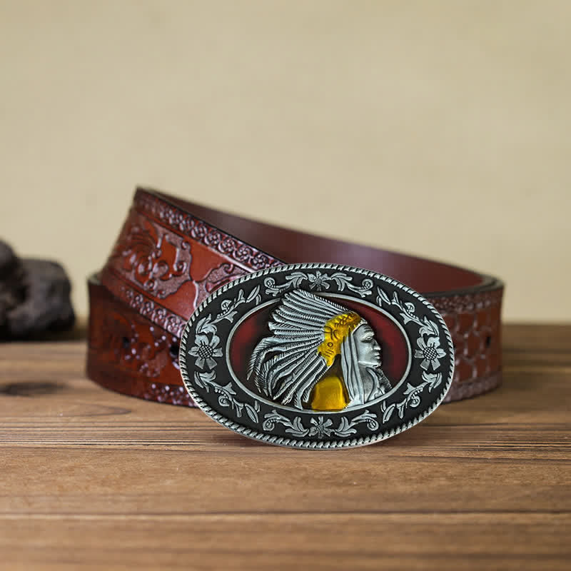 Men's DIY Indian Chief Tribal Buckle Leather Belt