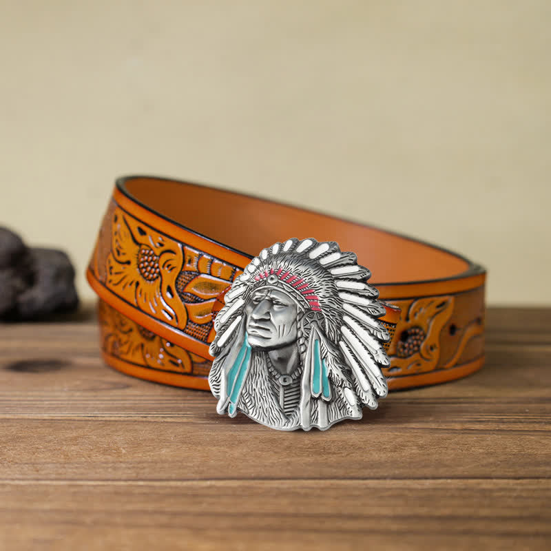 Men's DIY Colored Indian Chief Buckle Leather Belt