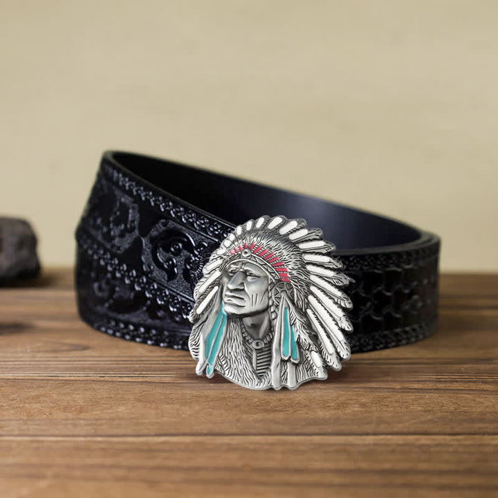 Men's DIY Colored Indian Chief Buckle Leather Belt