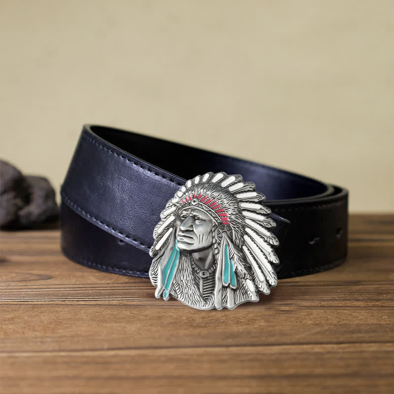 Men's DIY Colored Indian Chief Buckle Leather Belt