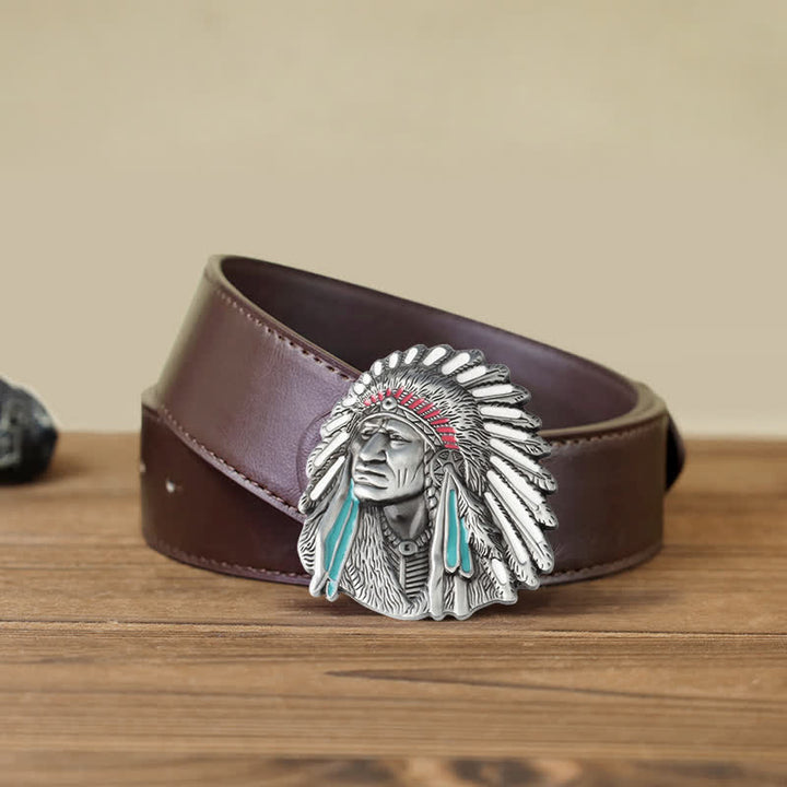 Men's DIY Colored Indian Chief Buckle Leather Belt