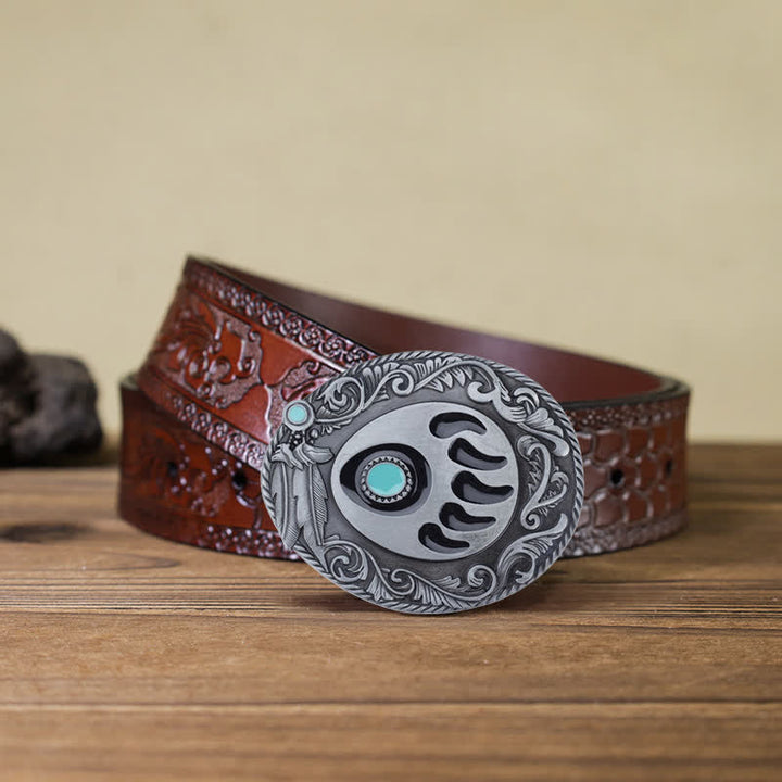 Men's DIY Blue Enamel Bear Paw Buckle Leather Belt