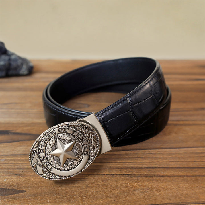 Men's DIY Texas Pentagram Automatic Buckle Leather Belt