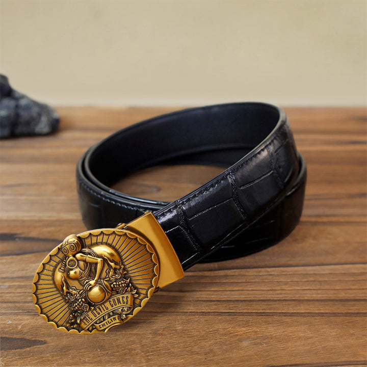 Men's DIY The Devil Comes Smiling Automatic Buckle Leather Belt