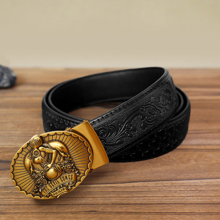 Men's DIY The Devil Comes Smiling Automatic Buckle Leather Belt