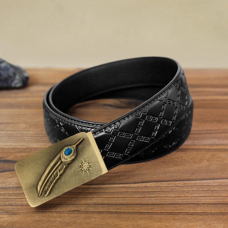 Men's DIY Embossed Feather Turquoise Automatic Buckle Leather Belt