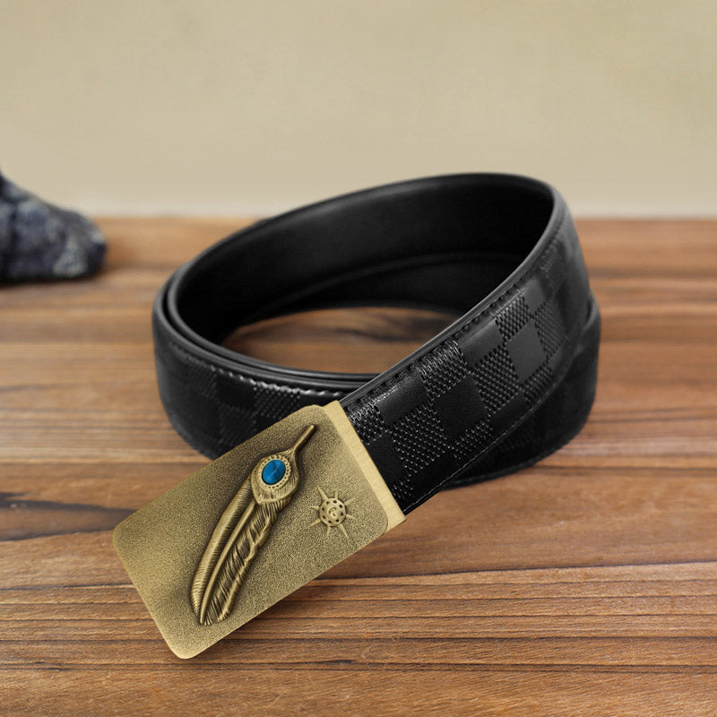 Men's DIY Embossed Feather Turquoise Automatic Buckle Leather Belt